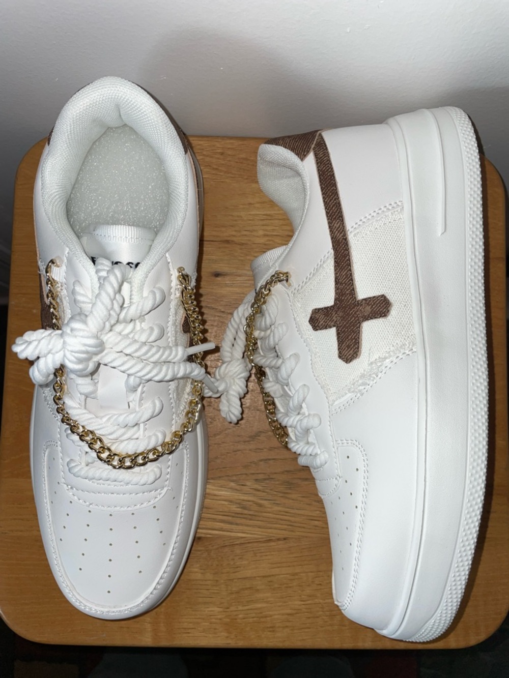 White Platform Sneakers Faux Gold Chain Accents Size 10.5 | Chunky Streetwear - Picture 2 of 5